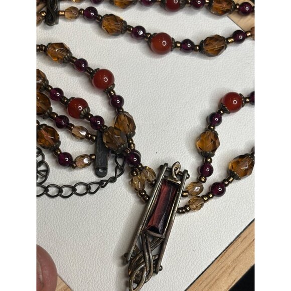 Vintage Multi-Strand Necklace With Red & Amber Beads Bronze Pendant & Chain Intr - Picture 2 of 10